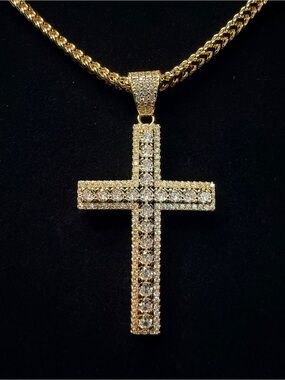 Iced Out Moissanite cross pendant 2.5in w/iced bell 14k gold finish (cross only)